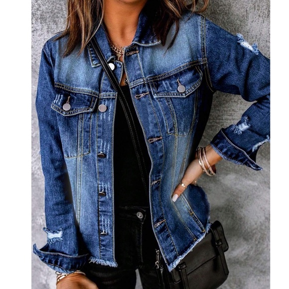 Medium Wash Distressed Frayed Hem Button Jean Jacket - Picture 2 of 6